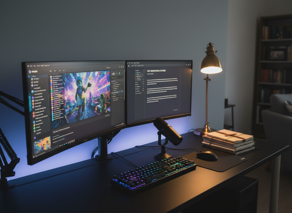 A dual-monitor streaming setup dominates a sleek black desk, with one ultrawide screen showing a colorful Twitch-style chat overlay and the other displaying a dark-themed writing interface resembling Wattpad. A compact RGB mechanical keyboard and a glowing USB microphone on a boom arm add playful color accents, with a small stack of well-worn paperback notebooks beside them. Soft, cool-toned LED strips bounce light off a matte wall, while a single desk lamp casts a warm pool of light over the keyboard. Photographic realism, eye-level composition with shallow depth of field, emphasizing the contrast between live streaming energy and quiet writing focus in a cozy, creative workspace.